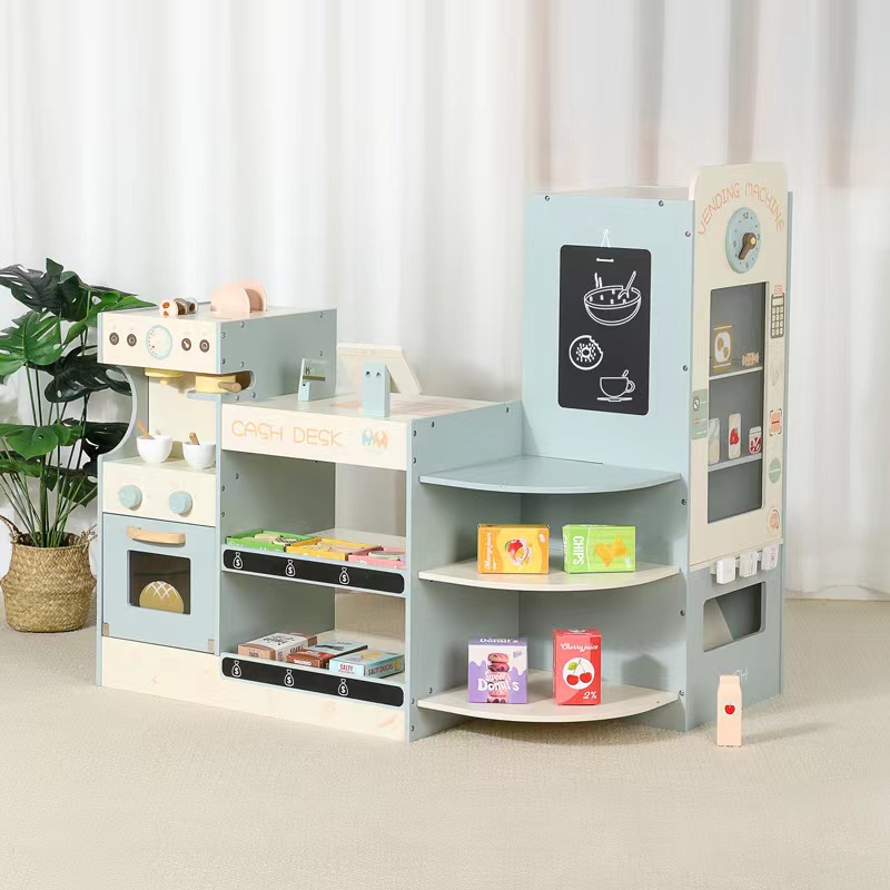 Kids Toys Store - Kinder-Holz-Supermarkt-Spielset mit Kasse und Kaffeeautomat