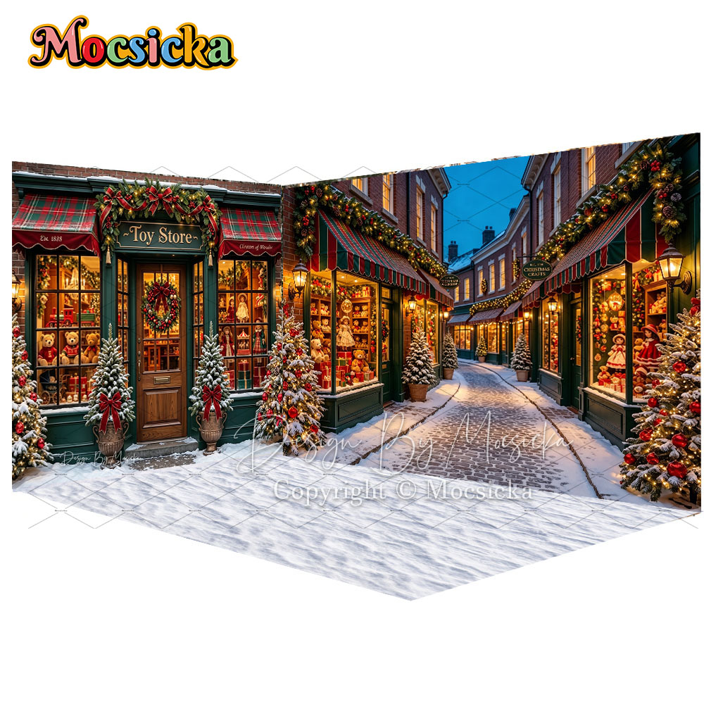 Kids Toys Store - Mocsicka Weihnachtsspielzeugladen, Straßenecken-Hintergrund für Fotografie, verschneite